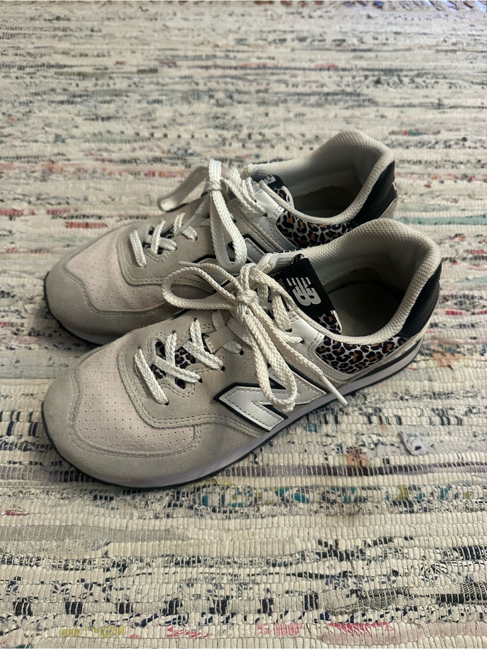 New Balance Beige and Black Sneakers with Leopard Accent